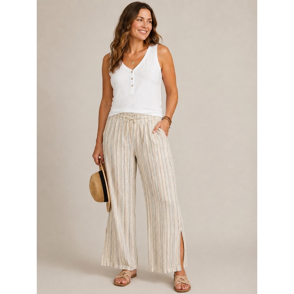 Lucky Brand Linen Blend Wide Leg Pants XL Beige Striped Drawstring Pull On Beach